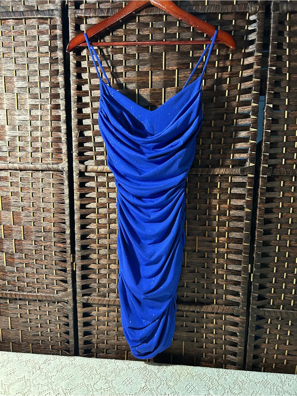 Windsor Cobalt Blue Sparkle Ruched Cowl Slip Dress